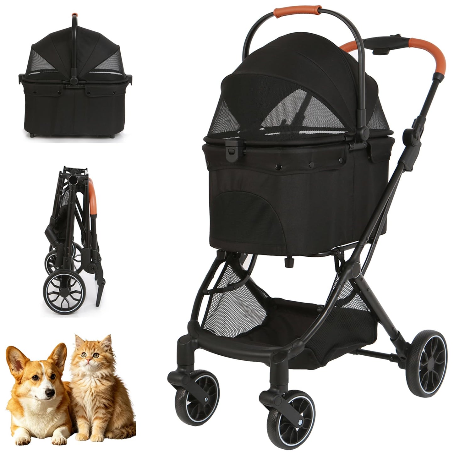 VRHOT Pet Stroller for Small Dogs and Cats, Detachable Dog Cat Stroller with All-Terrain Shock Absorbing Wheels, One-Click Foldable Design, Adjustable Canopy (Black)