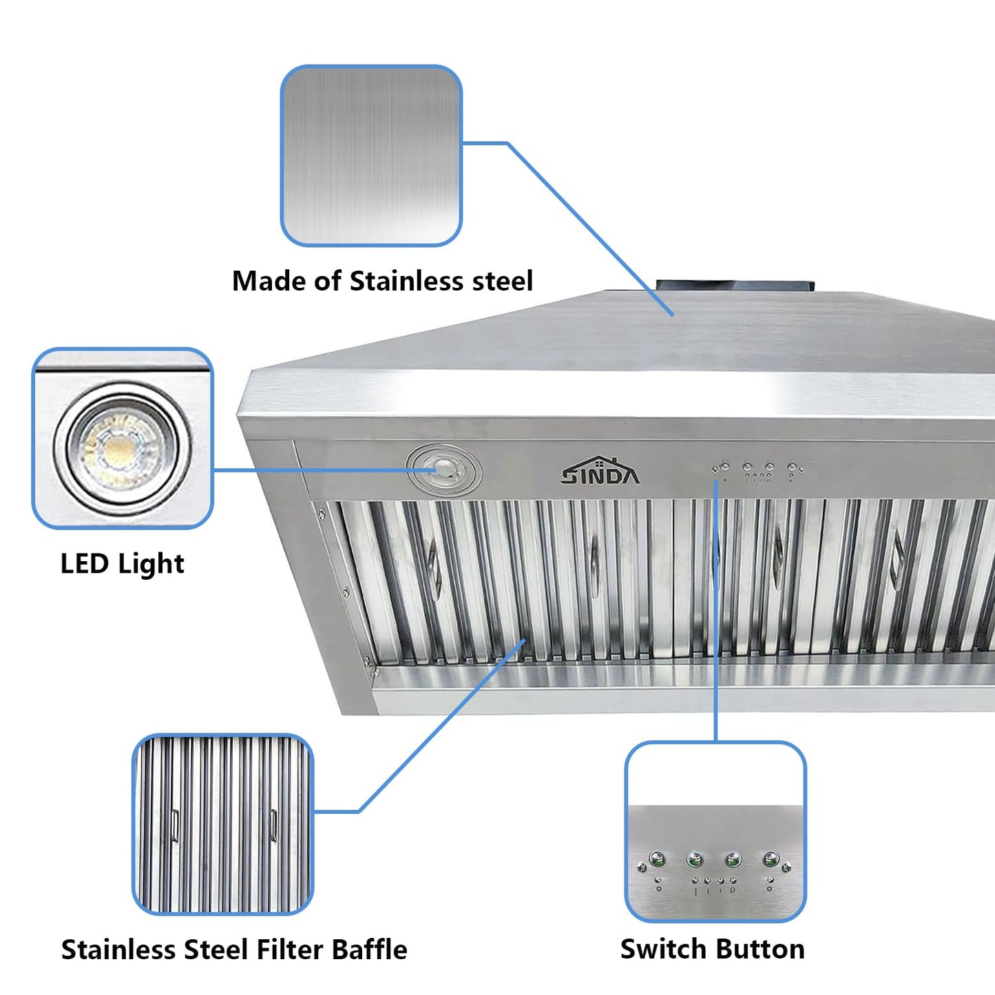 SINDA 30 Inch Built-In/Insert Range Hood, 4-Speed 610 CFM, Stainless Steel Under Cabinet Range Hood Kitchen Vent Hood with Liner and Internal Motor, 6" Duct, Adjustable Lights, Baffle Filter