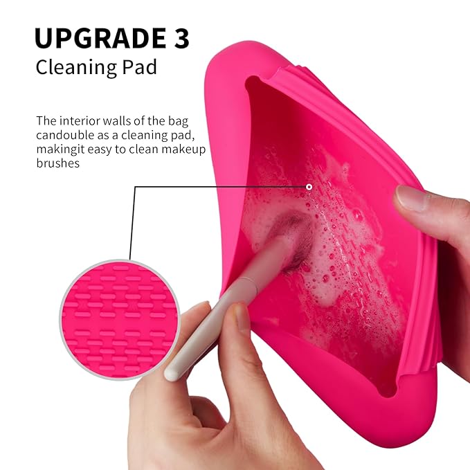 2 IN 1 Silicone Makeup Brush Holder with Beauty Make Up Sponge Holder Case：Soft Portable Cosmetic Face Brushes Holder with Upgrade Anti-Fall Out Magnetic Closure - Babbie Pink