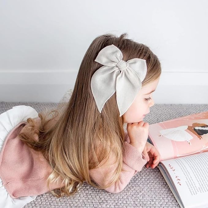 Niceye Fable Girls Hair Bows Cotton Linen Alligator Hair Clips or Little Girls Toddlers Kids Neutral Handmade Hair Accessories - 5.5” bow