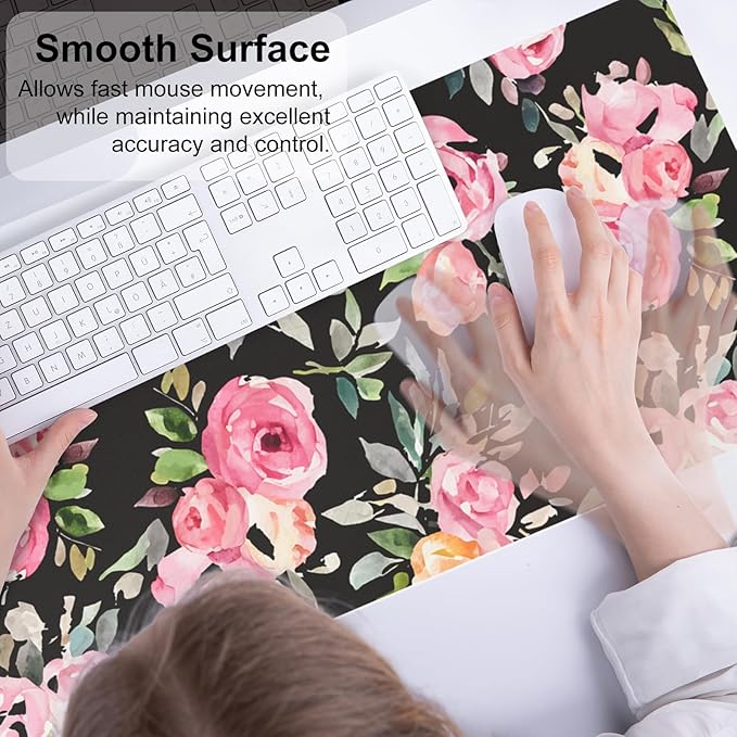 QIYI Large Mouse Pad, Floral Desk Mat for Desktop, Women Girls Watercolor Pink Flowers Office D??cor Desk Accessories, PU Leather Waterproof Gaming Mousepad, Black Desk Pad Computer Mat, 31.5" x 11.8"