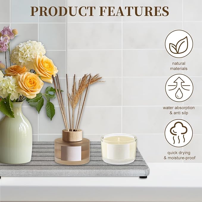 2PCS Fast-Dry Diatomite Sink Tray Set, Ultra Absorbent Soap Holder & Coaster with Non-Slip Feet & Grooved Design, Bathroom Kitchen Countertop Organizer, 8.3x4 Inches (Grey)