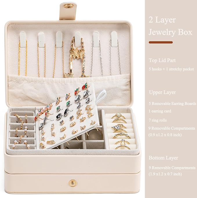 MODENGKONGJIAN Jewelry Organizer Box, 2-Layer Large Jewelry Storage Case, Portable Travel Jewelrys Display Holder for Earrings, Necklaces, Bracelets (Beige, PU Leather)
