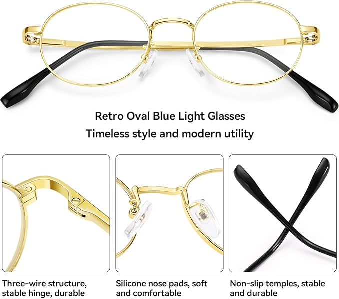 Dollger Oval Blue Light Glasses for Women Retro Anti Bluelight Blocker Glasses Men for Computer Small Metal Frame Eyeglasses