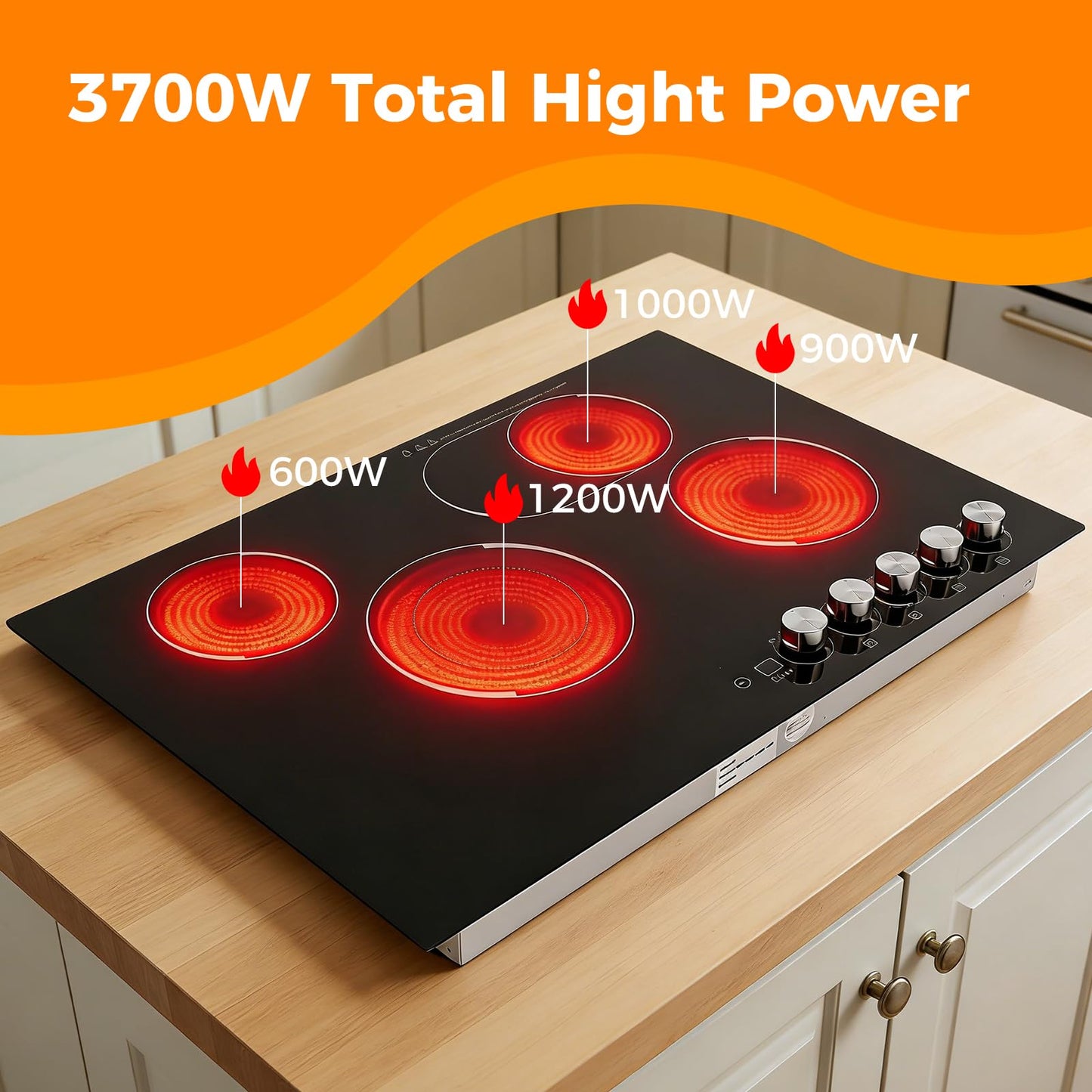 4-Burner Electric Cooktop, 30" x 20" Electric Ceramic Cooktop with Knob Control, 110V 1200W Built-in Stove Top with 0-90mins Timer, for Home, Commercial Kitchen, for Hotel, Restaurant