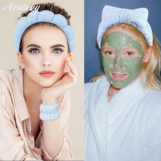 6 Pcs Puffy Terry Cloth Headbands and Wristbands - Sponge Makeup Removal Shower Masks for Skincare and Face Washing