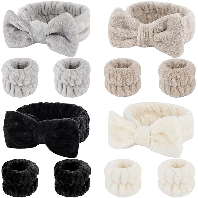 12 PCS Face Wash Headband Wristband Set for Women, Microfiber Spa Hair Wraps for Girls, Makeup Skincare Headbands Wrist Bands for Washing Face（Black, Gray, Light coffee, Beige）