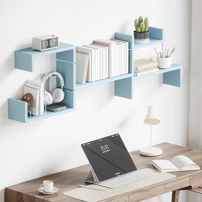 SRIWATANA Floating Shelves for Wall, Wall Shelves for Bathroom, Bedroom, Living Room, Kitchen, Office, Wood Shelves for Wall Decor Set of 5 (Blue)