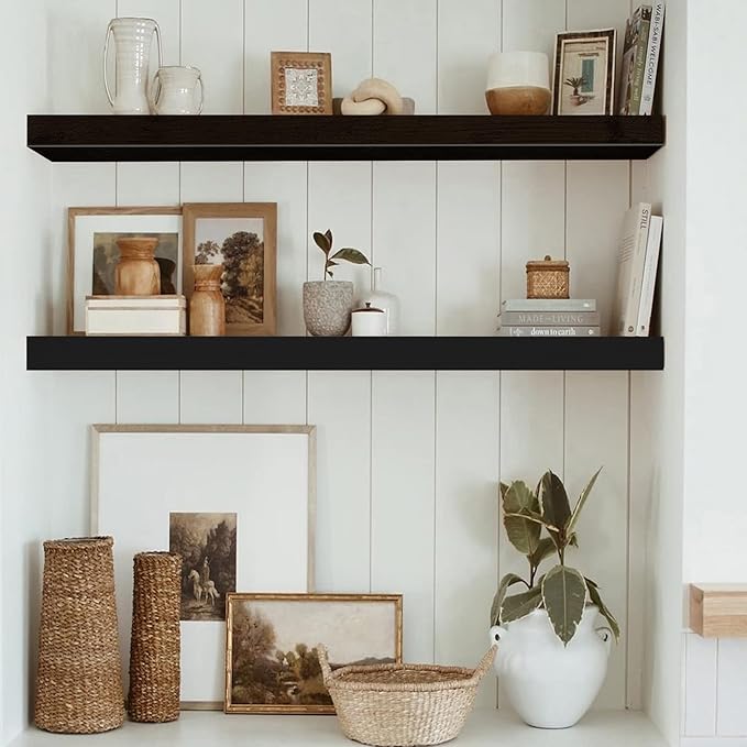 QEEIG Floating Shelves for Wall 35.4" Long - Wall Mounted Shelf Bathroom Kitchen Living Room Bedroom Farmhouse Home Decor Display Bookshelf Large 35.4 x 9.3 inch Set of 2, Black (008-90B)