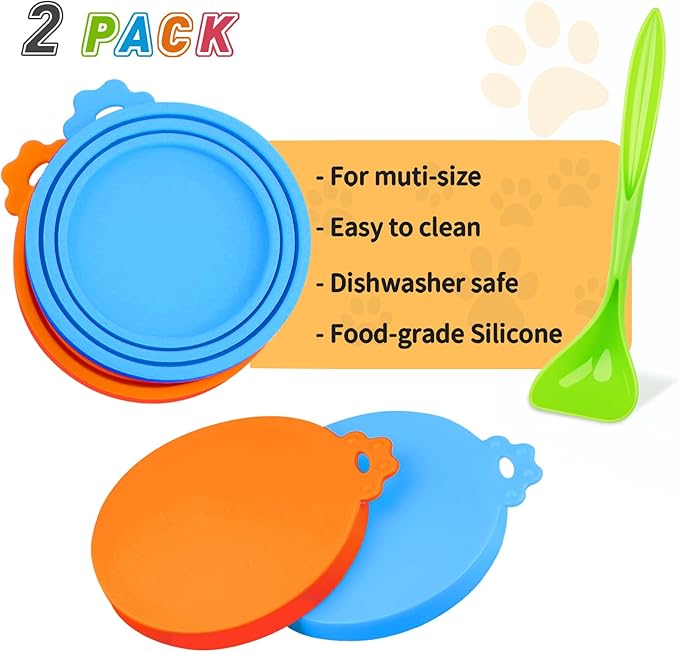 Lydia’s Deal Pet Food Can Covers 2-Pack, Universal Silicone Can Lids for Dog & Cat Food, Fits 3oz/5.5oz/12oz Cans, Airtight & BPA-Free, Dishwasher-Safe, Includes Green Spoon (Blue + Orange)