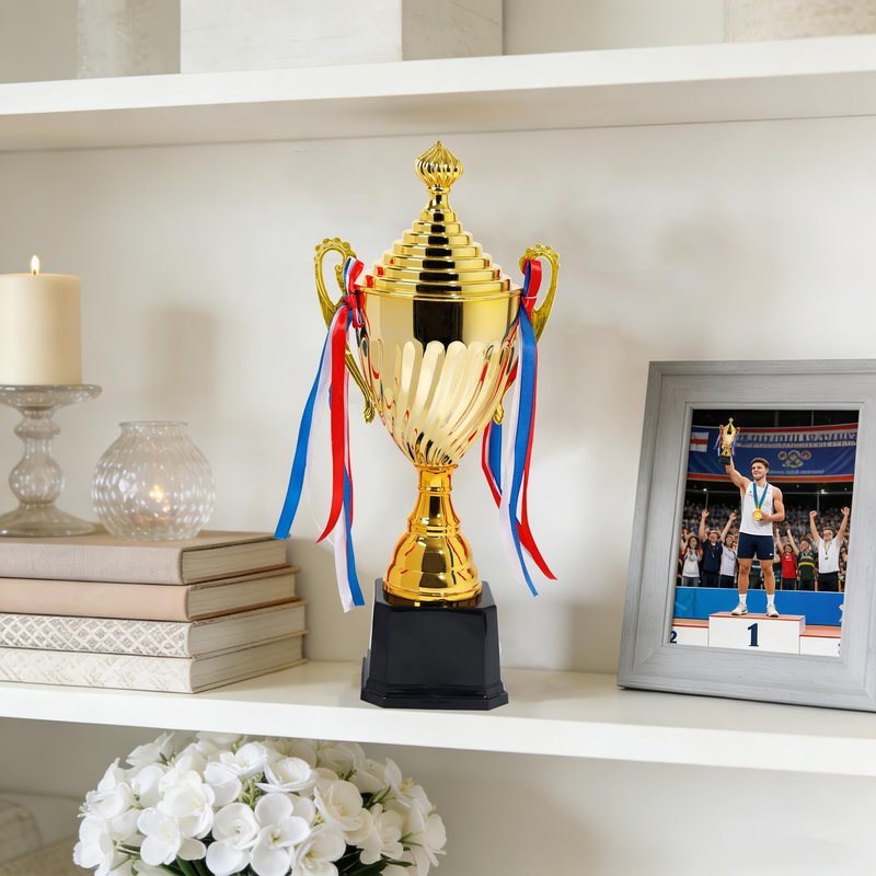 Meecuppa 16inch Gold Champion Trophy Cup | Patriotic Red-White-Blue Bow Design | Premium Award for Sports Tournaments, Competitions & 1st Place Ceremonies