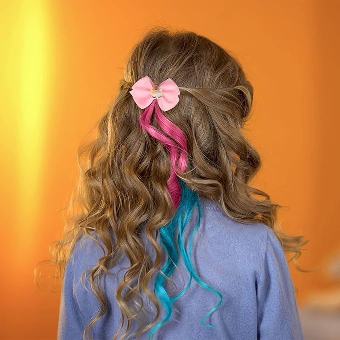 Little World Hair Clips for Girls - 6 Pcs Curly Clip in Hair Extensions with Cute Unicorn Bow - 13in Gradient Color Hair Clips for Girls Clip On for Toddler Kids Girls Ponytails Accessories
