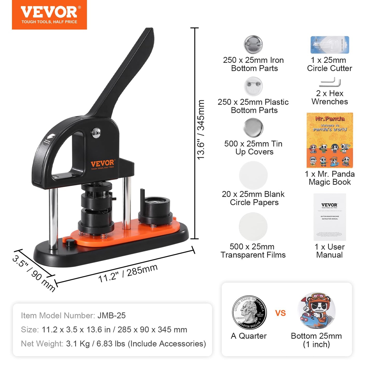 VEVOR Button Maker Machine, 25mm/1 inch Button Maker with 500pcs Button Parts, Ergonomic Arc Handle Punch Press Kit, Pin Maker with Panda Magic Book, for Children DIY Gifts and Christmas