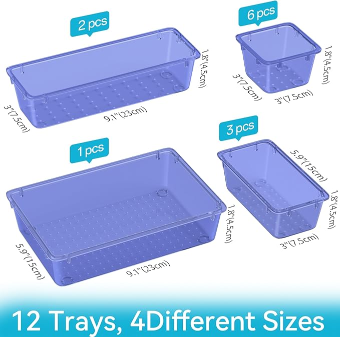 12 PCS Drawer Organizer Set, 4 Sizes Tool Storage Trays, Clear Plastic Makeup Vanity Organizer and Storage Bins for Stationeries, Multiple Gadgets for Office, Bedroom, Navy Blue