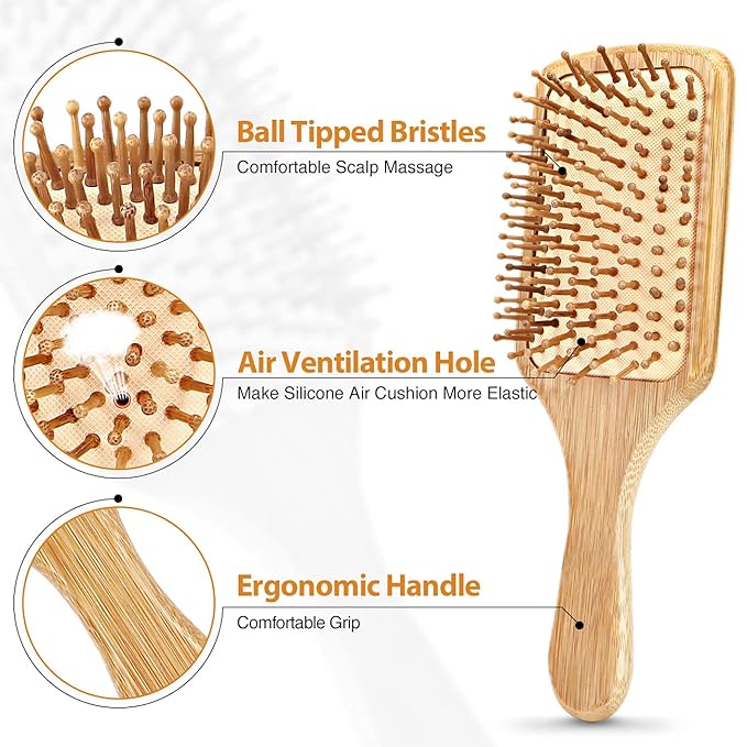 Pack of 2 Hair Brush with Natural Bristles, Massages Scalp Anti-Static Hair Detangle for All Types, Lightweight (Paddle)