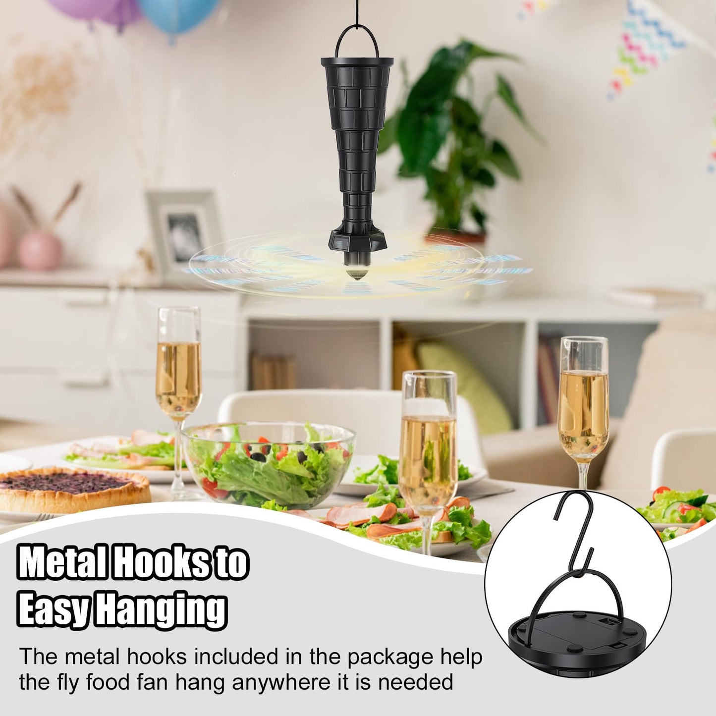 Glovv Fly Fans for Tables, Bug Food Fan Outdoor Indoor Keep Flies Away, 4 Pack Portable Batteries Powered Picnic Table Top Spinner with Metal Hanger, Fly Repellent for Restaurant, Camping (Black)