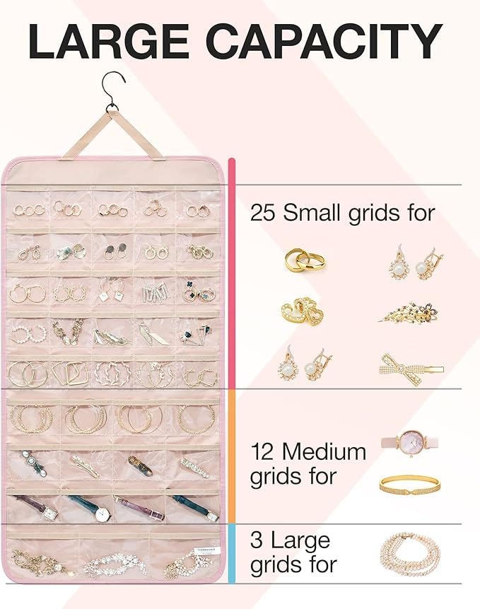BAGSMART Hanging Jewelry Organizer Storage Roll with Hanger Metal Hooks Double-Sided Jewelry Holder for Earrings, Necklaces, Rings on Closet, Wall, Door, 1 piece, Extra Large, Pink