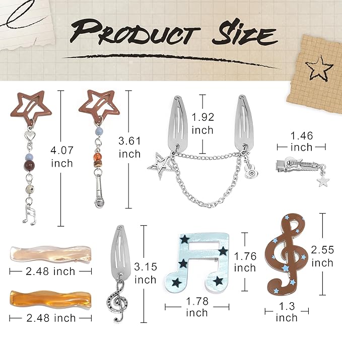10PCS Y2K Hair Clips Dangle Coachella Music Hair Clip Boho Note Guitar Hair Accessories Snap Star Clips for Women Girls