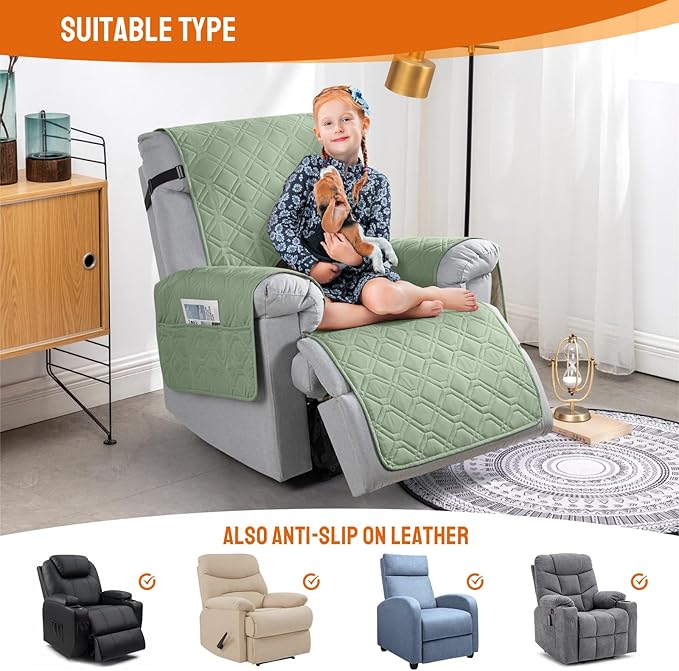 VANSOFY 100% Waterproof Recliner Chair Covers, Recliner Cover Non-Slip Dog Chair Cover Furniture Protector Washable Slipcover with Pocket, Elastic Straps for Pets, Dogs(Light Green, 20")