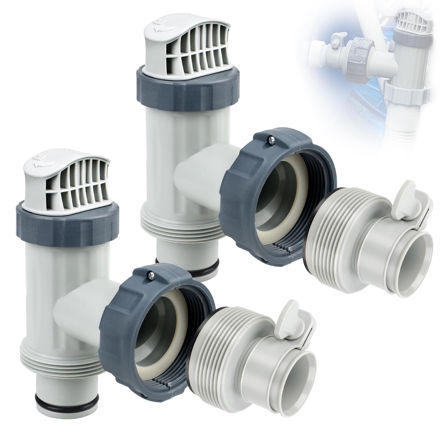 Above Ground Plunger Valves with Pool Hose Adapter B for Intex Above Ground Pool & Pump, Pool Parts and Accessories On/Off Plunger Valve Replacement & 25009 Hose Conversion Adapter 1 1/4 to 1 1/2