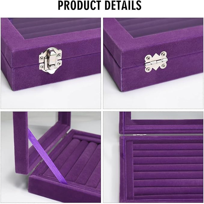 Rings Organizer Tray 7 Slots Velvet Jewelry Earring Storage Box with Transparent lid Jewelry Display Case for Girls Wife Mom Women (Purple)