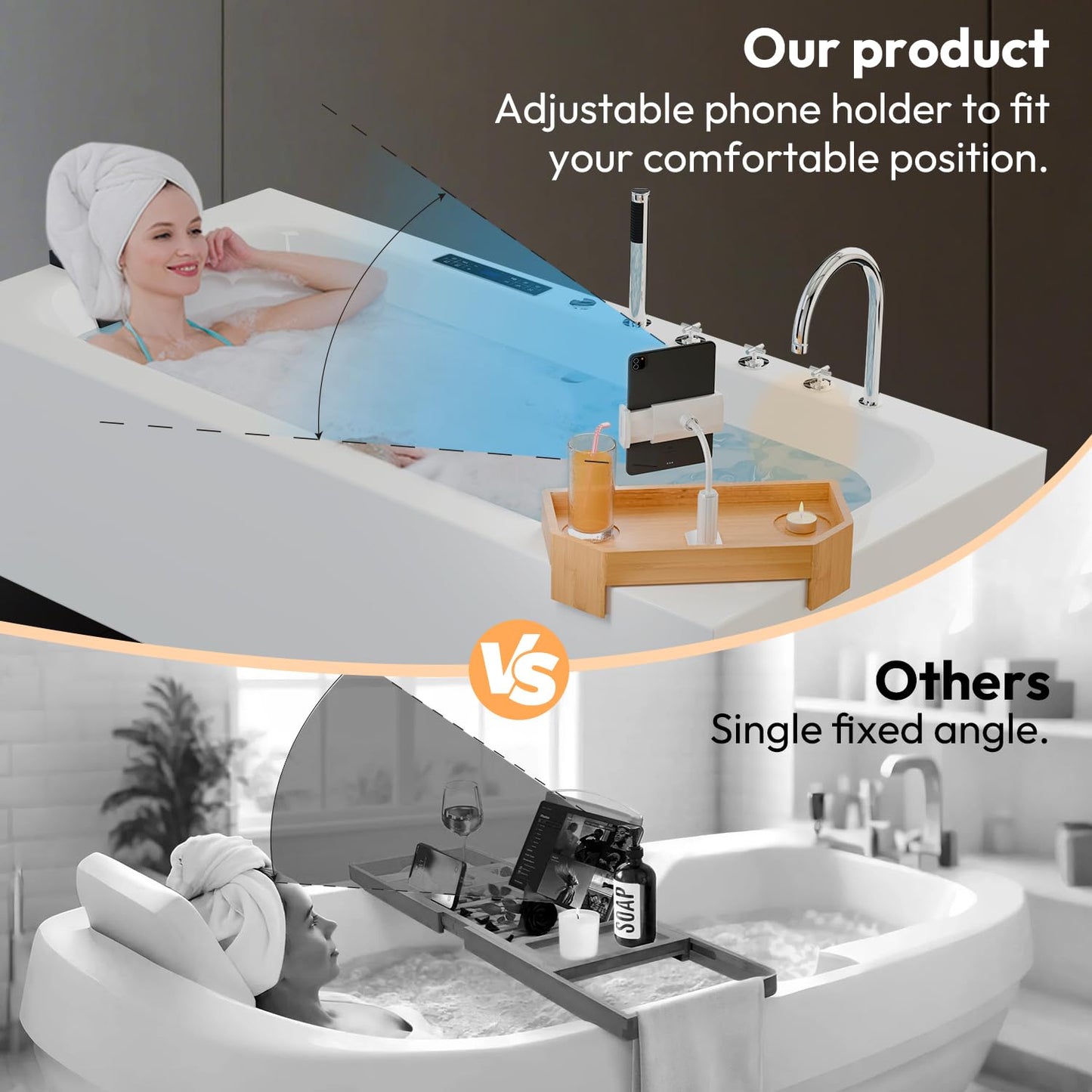 POOLCOMFT Bamboo Hot Tub Tray with Adjustable Phone Holder, Non Slip Hot Tub Table with Card & Scented Candle, Hot Tub Accessories - Unique Gift Idea for Spa Lover, Women, Parents