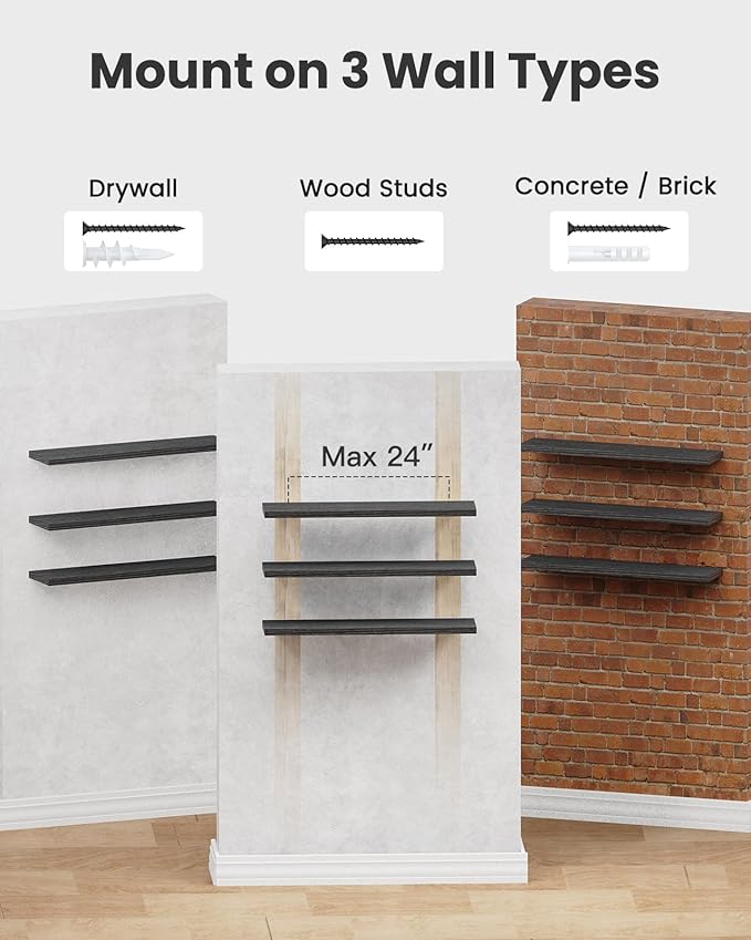 AMADA HOMEFURNISHING Floating Shelves, Wall Shelves for Living Room, Bedroom, Bathroom, Kitchen & Home Office Organization, Bathroom Shelves with Hidden Brackets, 22 lbs Max Load, Black, AMFS45B