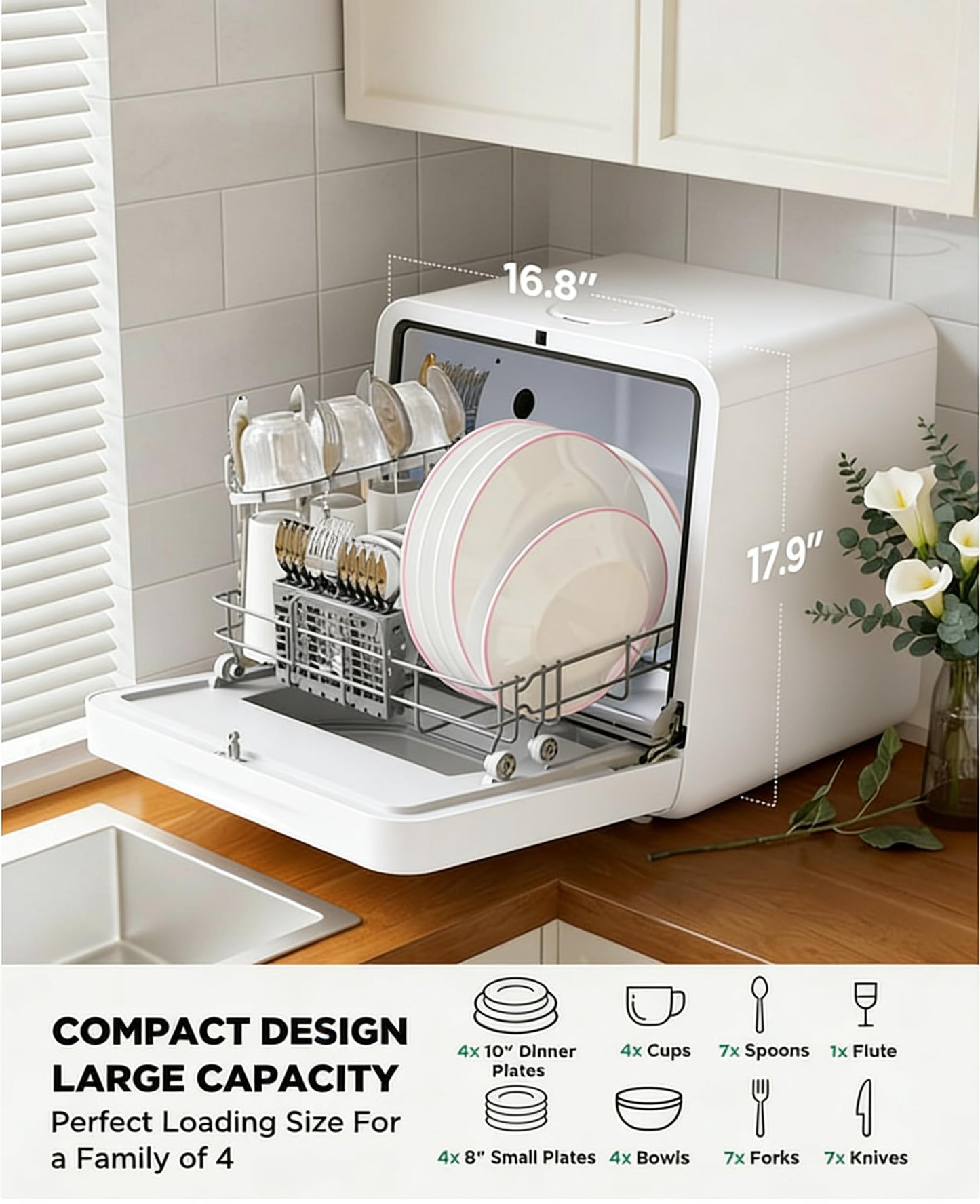 MOMOKOVA Portable Countertop Dishwasher with 5L Built-in Water Tank,Upgraded 7 Program & 24H Delayed Wash,360° Dual Spray, 167℉ High-Temp & No Hookup Needed for Home,white (white)