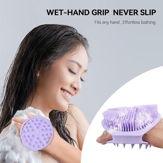 Dual-Sided Silicone Body Scrubber, Silicone Loofah for Shower Exfoliating Body Brush Scrubber for Men and Women for All Skin, Scalp Massager Lather WellÃ¯Â¼ÂEasy to Clean (Purple)