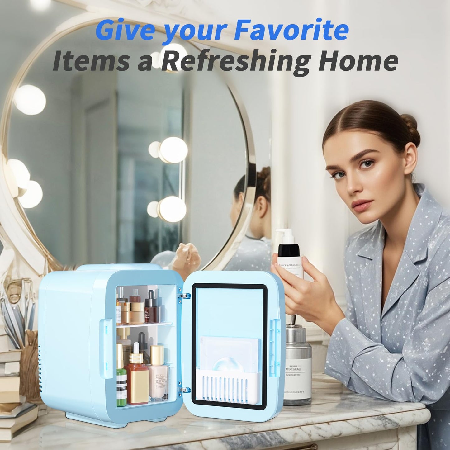 YASHE Skincare Fridge Mini Fridge for Bedroom with Dimmable LED Mirror, 4Liter/6 Cans Cooler and Warmer for Makeup, Cosmetic, Beauty, Portable Refrigerator for Bedroom, Vanity, Office and Car- Blue