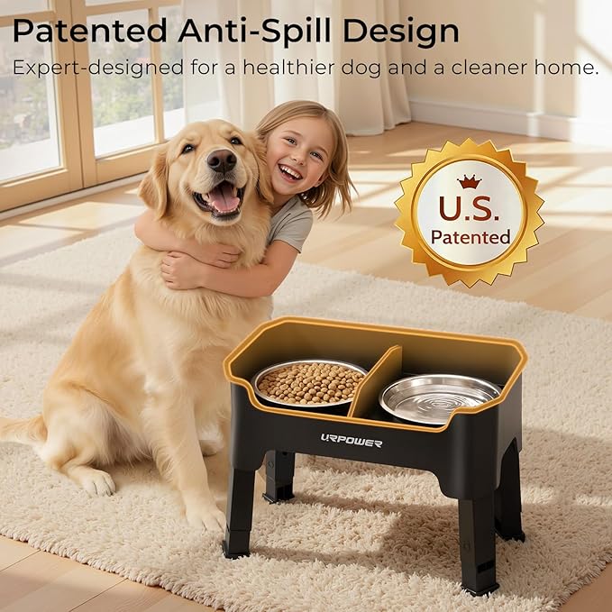URPOWER Mess Proof Elevated Dog Bowls, High Wall Splash Guard Design, 4 Height Adjustable Raised Bowl Stand, 2 Large Stainless Steel Bowls, Non-Slip Food Water Set for Small Medium Large Dogs