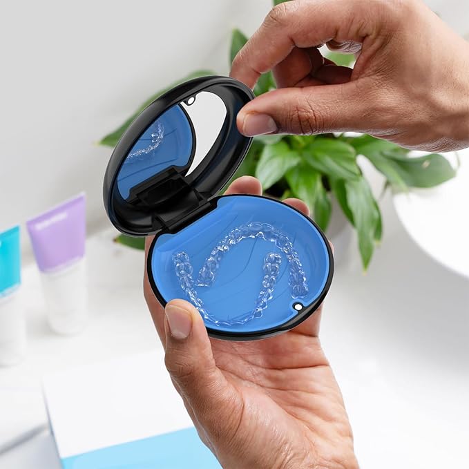 2 Pack Retainer Case with Mirror, Compatible with Invisalign, Slim Aligner Case for Travel, Includes Removal Tools, Seaters & Brush, Magnetic Secure Closure Retainer Box - Black