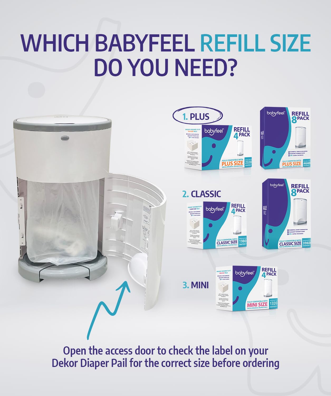 Babyfeel Refills Compatible with DEKOR PLUS Diaper Pails | 4 Pack | Exclusive 30% Extra Thickness | Diaper Pail Refills with Powerful Odor Elimination | Fresh Powder Scent | Holds up to 2320 Diapers