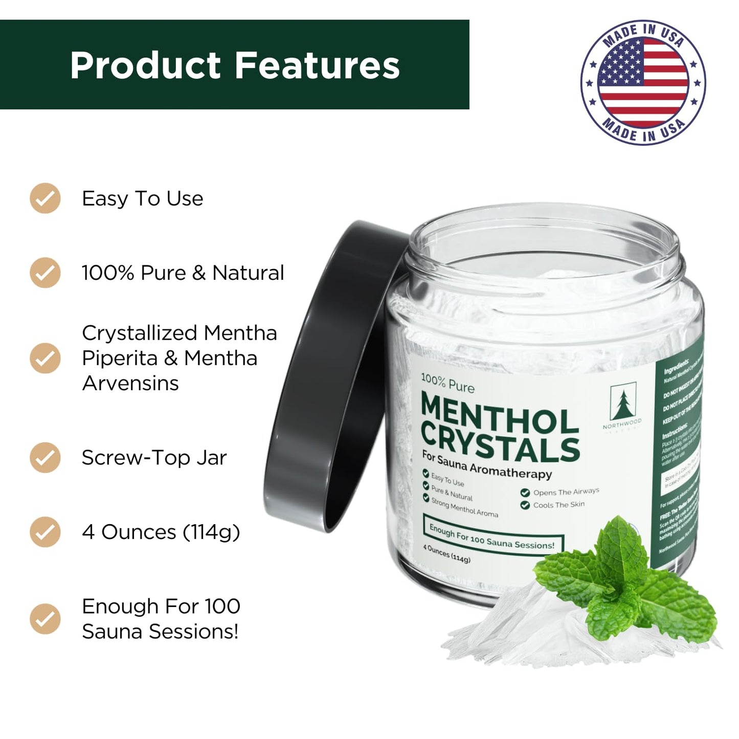 Northwood Sauna - Sauna Menthol Crystals - 100% Pure & Natural - Cooling Aromatherapy Scent & Ice Sensation - 4 Ounces