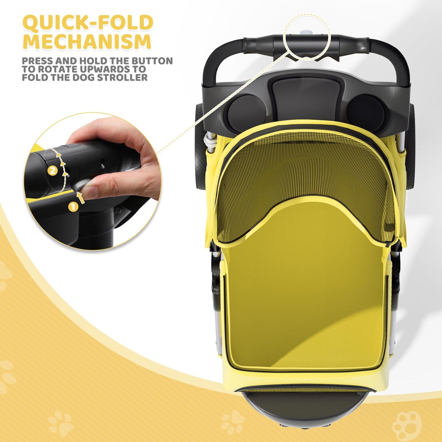 Magshion 3-Wheel Pet Stroller, Foldable Travel Jogger for Small & Medium Dogs & Cats (Up to 33lbs), Lightweight Carrier with Breathable Mesh Cover, Cup Holder & Storage Basket, Yellow