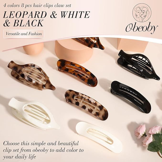 Obeoby 8 PCS Flat Hair Clips, Easter Gifts Tortoiseshell Flat Claw Clips 2 Styles Hair Claws for Women Girls Medium Hair Volume