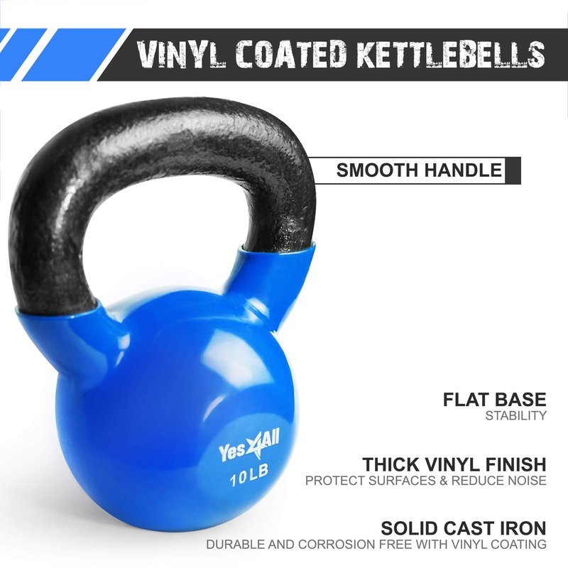 Yes4All Kettlebells 10 15 lbs Set Weight Vinyl Coated Cast Iron for Dumbbell Weights Exercises, Gym, Fitness, Full Body Workout Equipment Push up, Grip and Strength Training, Blue