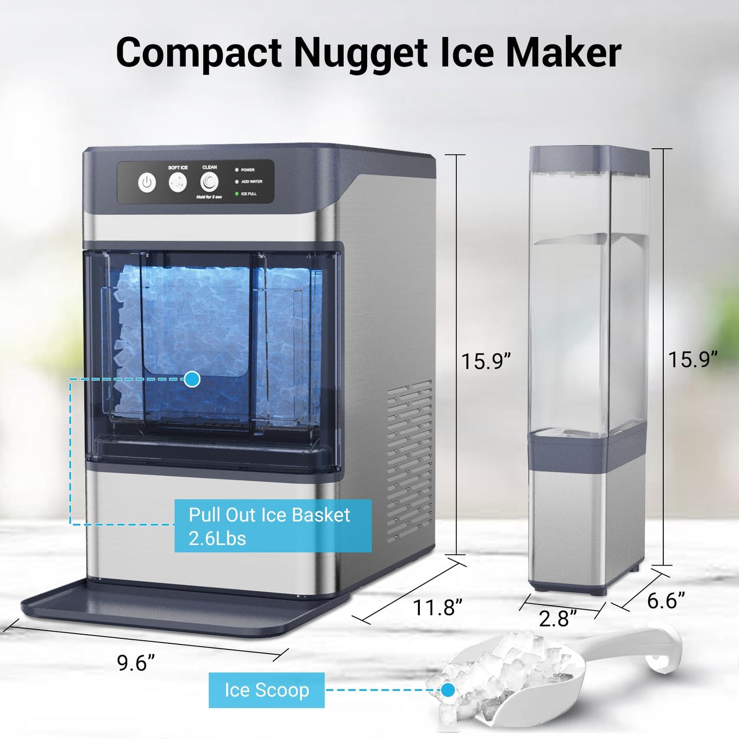 Countertop Nugget Ice Maker with Water Tank, 40 lbs/24H, 5-8min Ready, Self-Cleaning, Chewable Pellet Ice, Stainless Steel Counter Table Ice Machine for Home, Office, RV, Camping