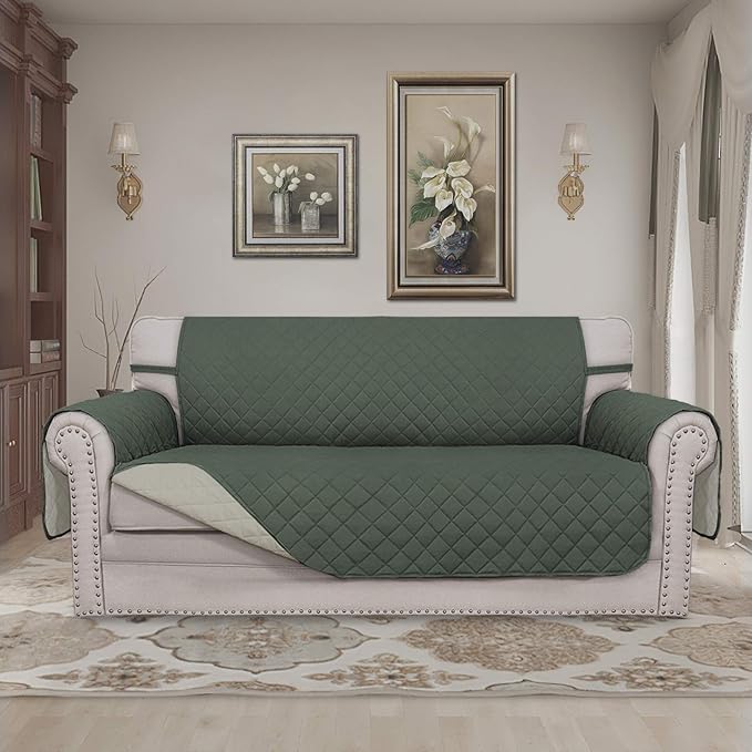 Easy-Going Sofa Slipcover Reversible Loveseat Sofa Cover Couch Cover for 2 Cushion Couch Furniture Protector with Elastic Straps for Pets Kids Dog Cat (Oversized Loveseat, Greyish Green/Beige)
