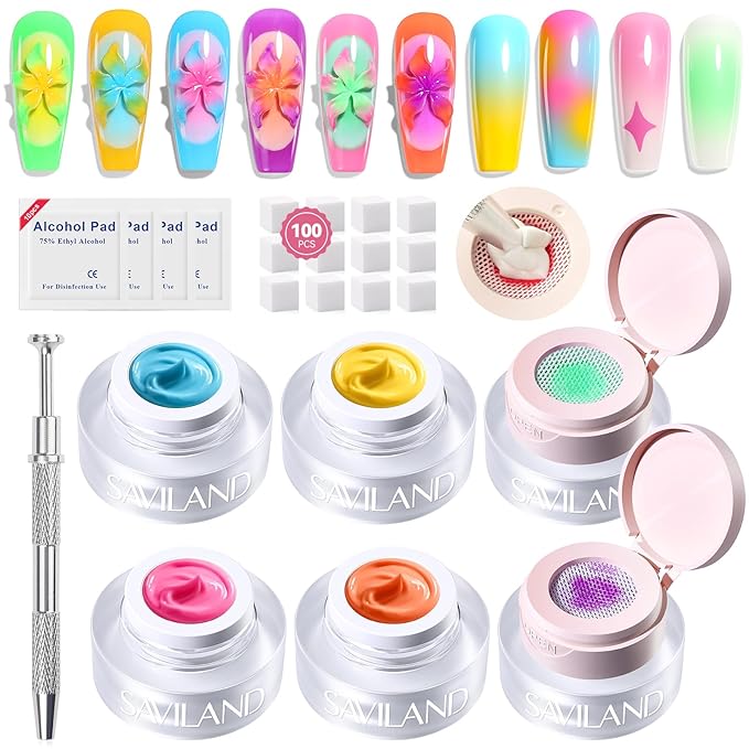 SAVILAND Cushion Patting Gel Polish Kit: 6 Colors Pat Pat Gel Colorful Ombre Painting Gels with 100PCS Sponges Pigmented No Wipe Pats Gels Polish Palette Gradient Blush Aura Nail Art Home Salon Use