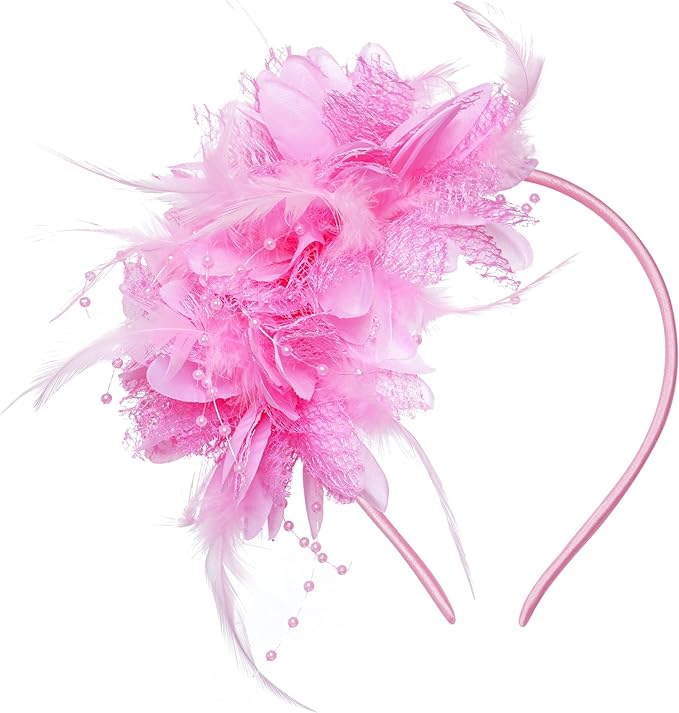 Womens Fascinators Hats Tea Party Hats for Women, Feather Pearl Veil Headband for Wedding Cocktail Dresses Accessories
