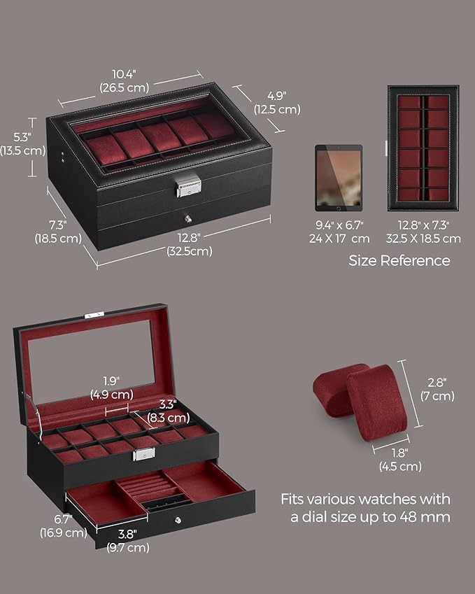 SONGMICS Watch Box, 12-Slot Watch Case Organizer with Large Glass Lid, 2 Layers, Removable Pillows, Metal Lock, Gift for Loved Ones, Black Synthetic Leather, Wine Red Lining UJWB012R01