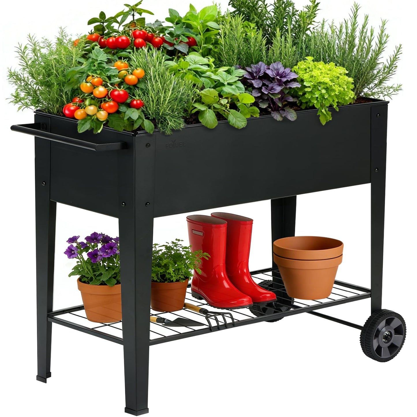 FOYUEE 31.5" Tall Raised Garden Bed with Wheels, Extra 15.7" W Planter Box (400 lbs Loads) with Storage Shelf & Handle,Heavy Duty Metal Garden Planter for Vegetables, Herbs & Flowers, Patio & Balcony