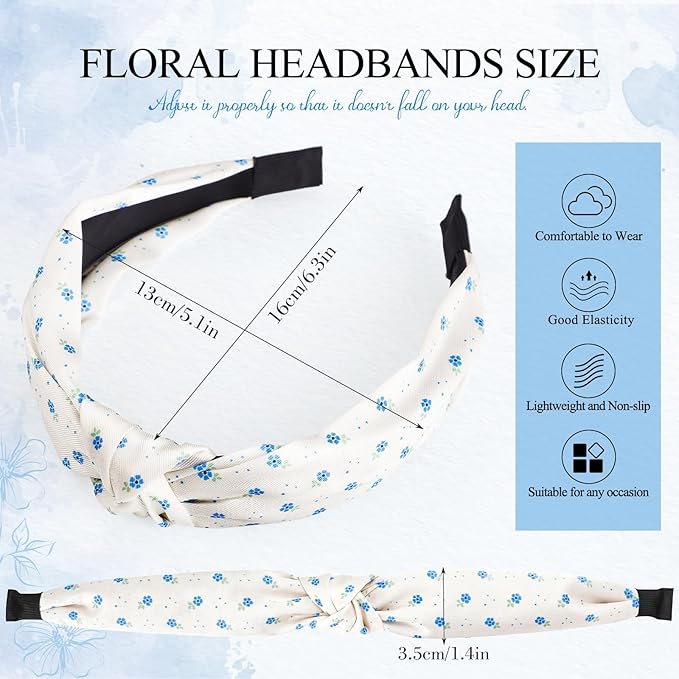obeoby 8Pcs Floral Headbands for Keep Your Hairstyle, Trendy Knotted Headband for Spring Summer Outfit Non Slip Gifts for Granddaughter