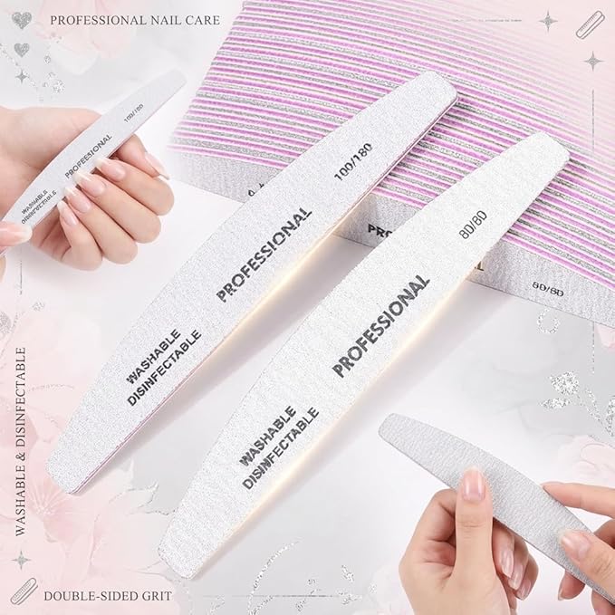 25PCS Professional Half Moon Emery Board Nail Files, 100/100 Grit Dual-Sided Buffer, Reusable Nail Filing Tools for Natural & Acrylic Nails, Home & Salon Manicure Supplies