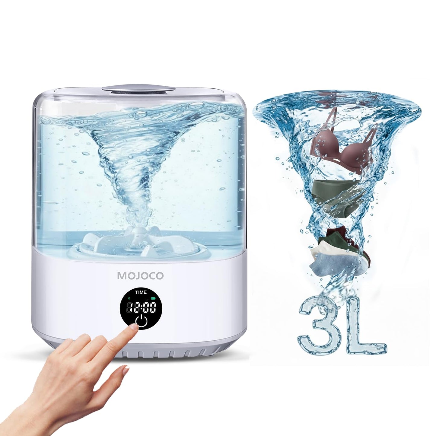 MOJOCO Mini Washing Machine - 3L Small Portable Washing Machine with 3 Wash Modes for Underwear, Socks & Baby Clothes - Rechargeable Countertop Mini Washer for Dorms, Hotels, Travel & Camping