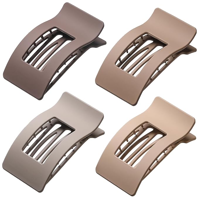 4 Pack Large Flat Hair Clips for Women, Rectangle Matte Non-slip Lay Down Claw Clips, French Strong Hold No Crease Barrettes for Thick & Thin Hair, Stylish Square Hair Accessories (Brown)