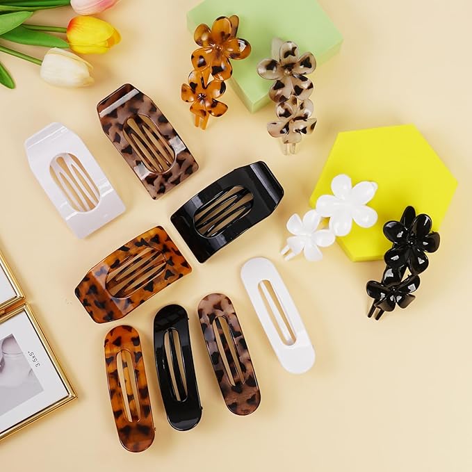 12 Pack Flat Hair Clips for Women – Matte Tortoiseshell Square Claw Clips, Flat Barrettes & Flower Pins in Black, White,Tortoiseshell & Leopard, Soft Touch Hair Accessories for Thick & Thin Hair