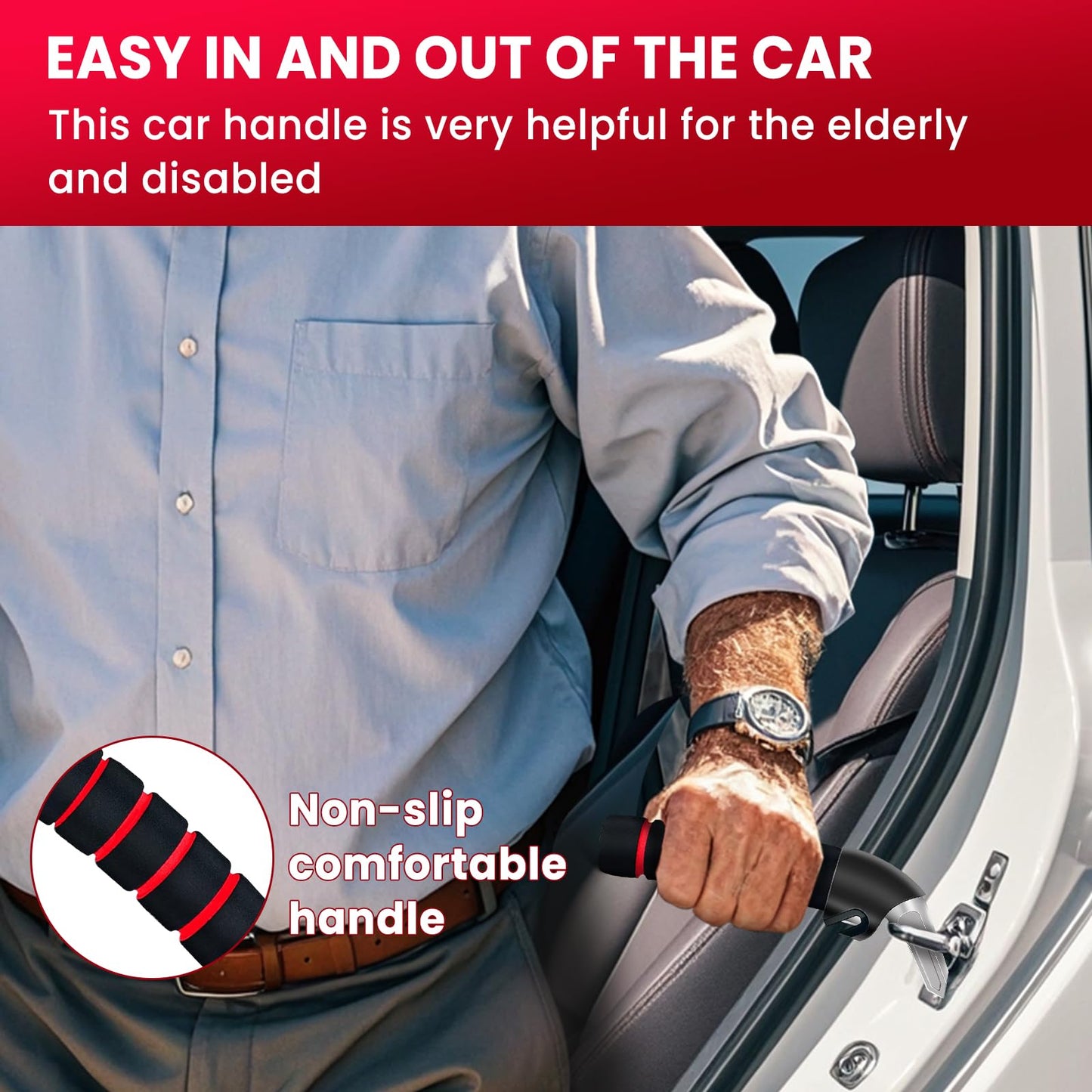 KOUNATSURI Car Handle Assist for Elderly Car Door Handle Multifunction Handle Car Door Latch Handle for Seniors and Handicapped(Red, Handle with Two Straps)