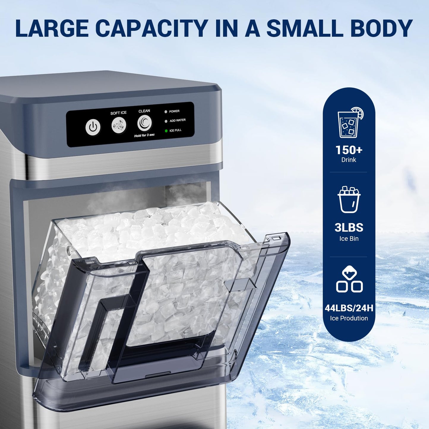 Nugget Ice Maker Countertop, 44lbs/24H with 0.8 Gallon Tank, Chewable Soft Pellet Ice Ready in 5 Mins, Stainless Steel Countertop Ice Maker with Self-Cleaning for Home, Office, RV